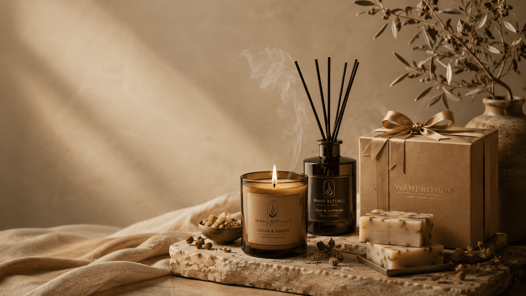 WAHJ candle, reed diffuser, gift box, and artisan soaps arranged on travertine with linen