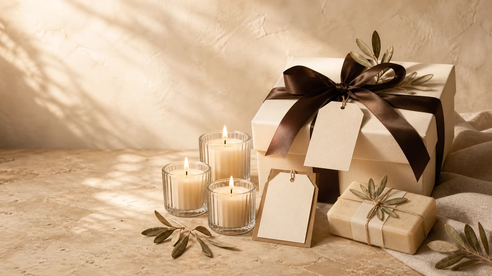 An ivory gift box with brown ribbon, mini candles, and a soap favor on natural stone