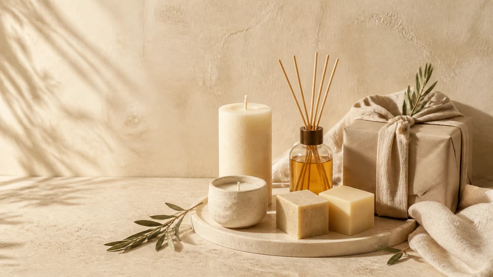 Artisan candles, soaps, a reed diffuser, and a wrapped gift arranged on natural stone
